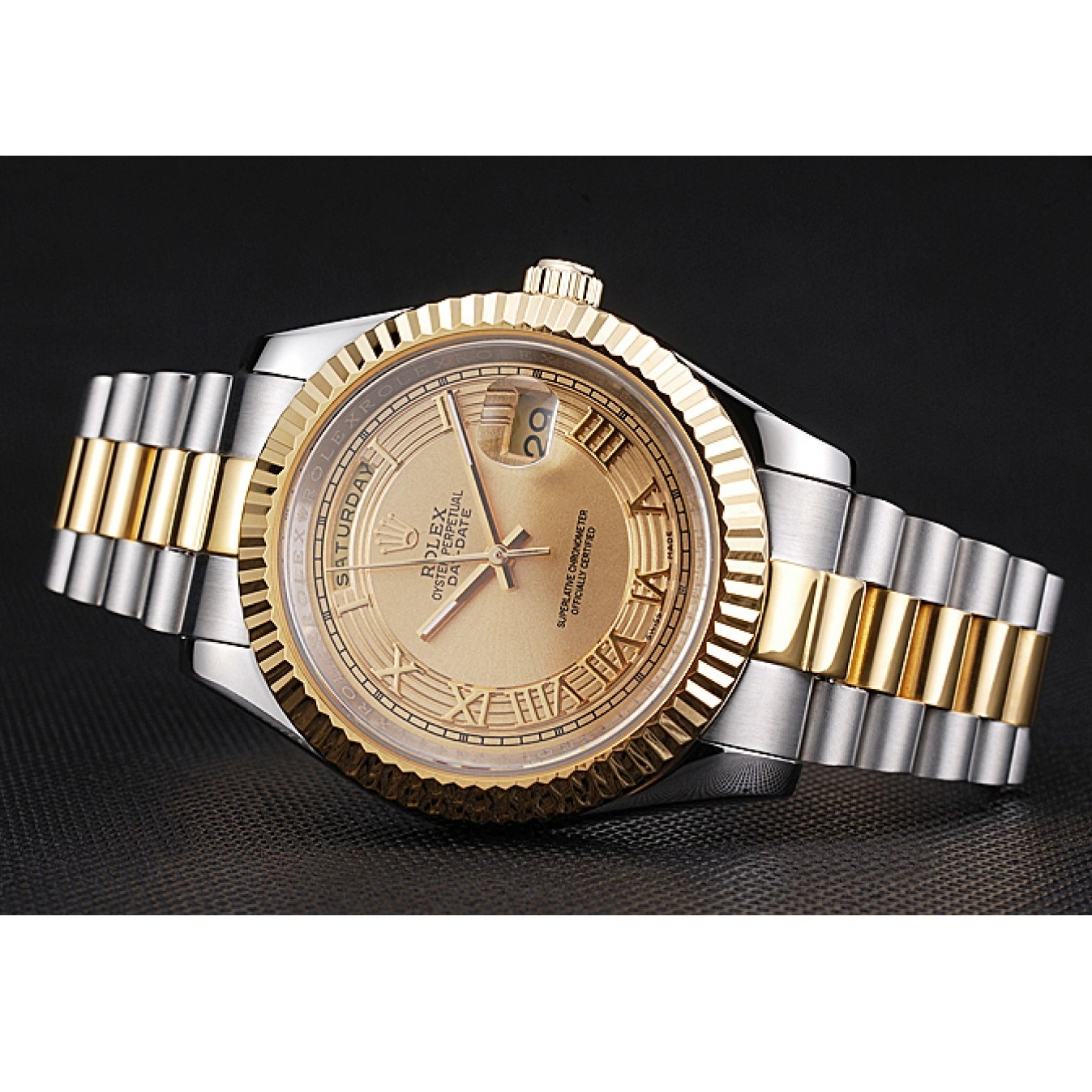 Aaa replica watch Plated Rolex Tone Day-Date Steel 18k Stainless Gold Dial Two Gold 0804